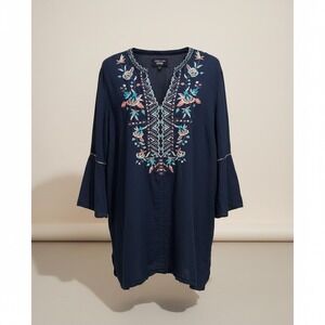 Johnny Was Workshop Navy Ramie Embroidered Bell Sleeve Tunic Top Large